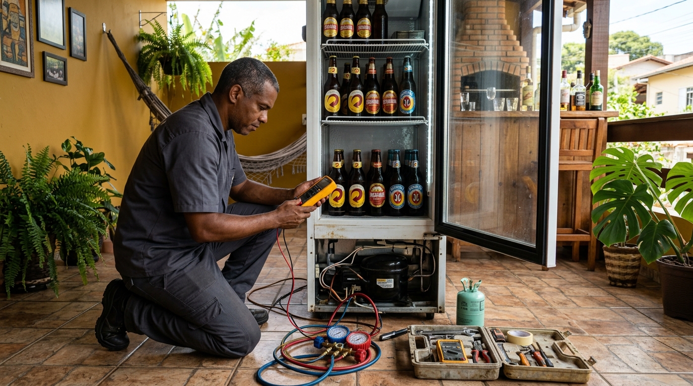 Placa eletrônica de cervejeira em reparo na bancada na Zona Sul de São Paulo‑SP