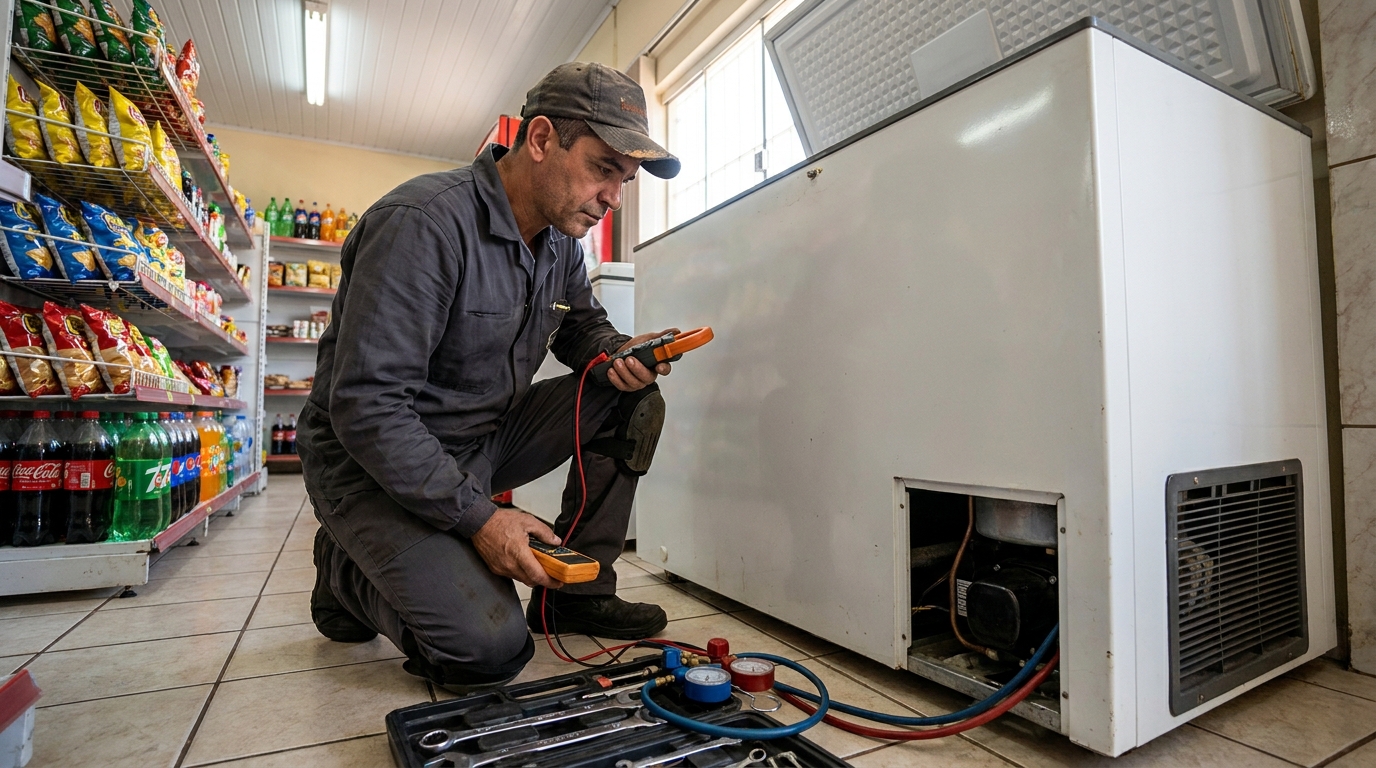 Reparo da placa eletrônica de um freezer em atendimento na Zona Sul de São Paulo‑SP