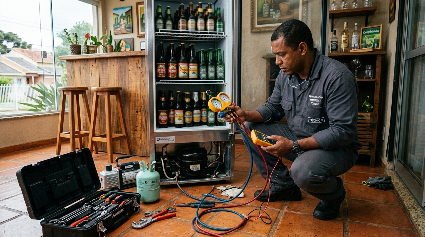 Técnico revisando o motor de uma cervejeira durante chamado na Zona Sul de São Paulo‑SP
