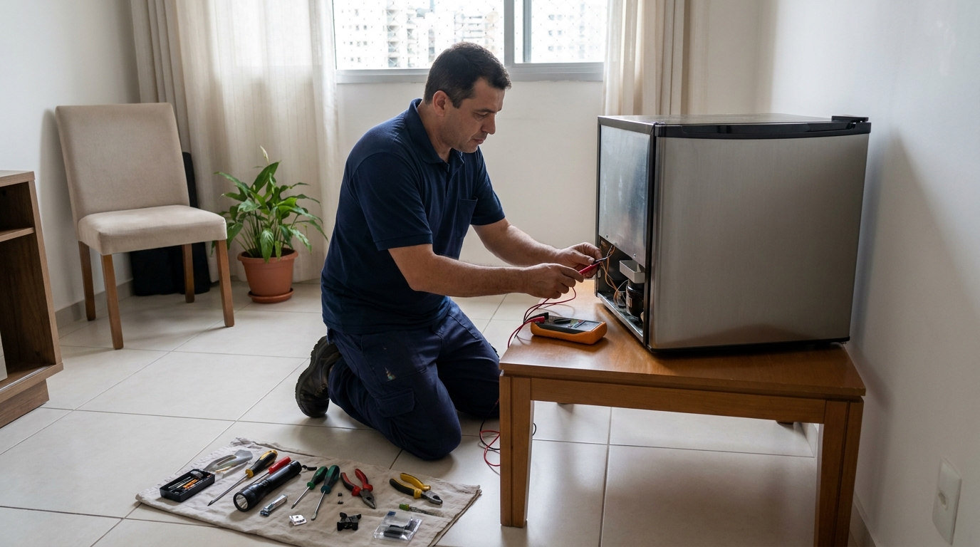 Técnico revisando o motor de um frigobar na Zona Sul de São Paulo‑SP