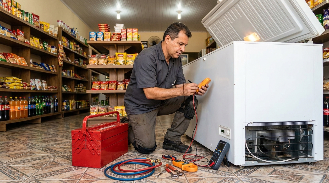 Manômetro conectado ao circuito durante recarga de gás de freezer na Zona Sul de São Paulo‑SP