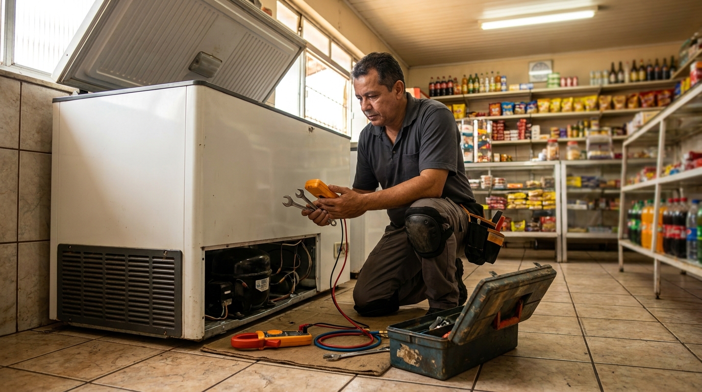 Técnico avaliando um freezer vertical durante atendimento na Zona Sul de São Paulo‑SP